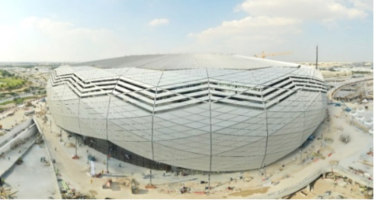 南北向约225m，最大悬挑55m，卡特尔教育城体育场索承网格结构罩棚，索结构典型工程