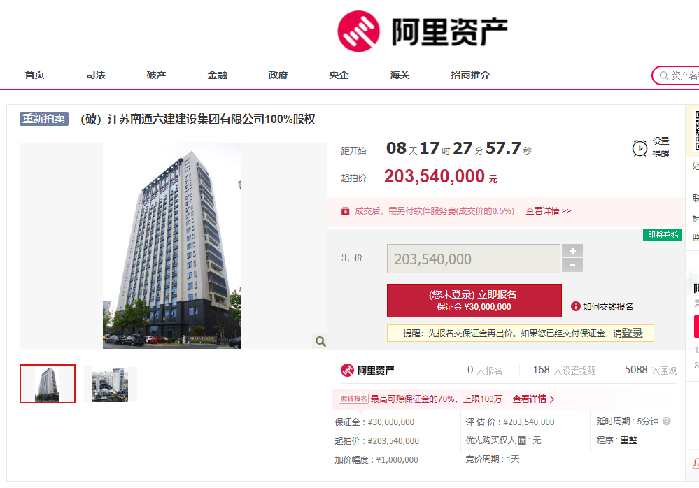 南通六建重新拍卖，3000万保证金没收了？