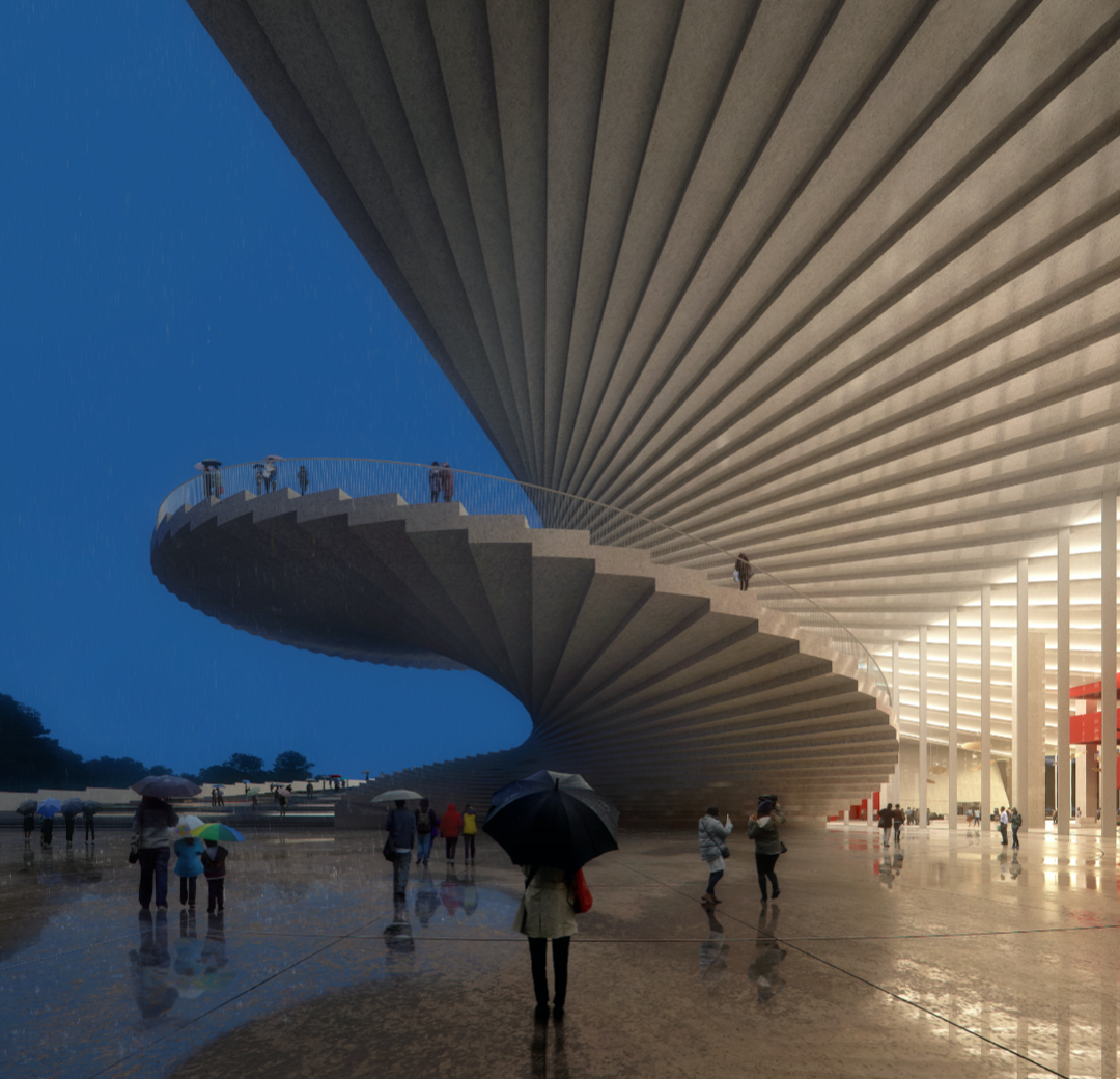 15米悬挑楼梯结构，双螺旋自由曲面混凝土厚壳，上海大歌剧院“扇柄”核心区封顶